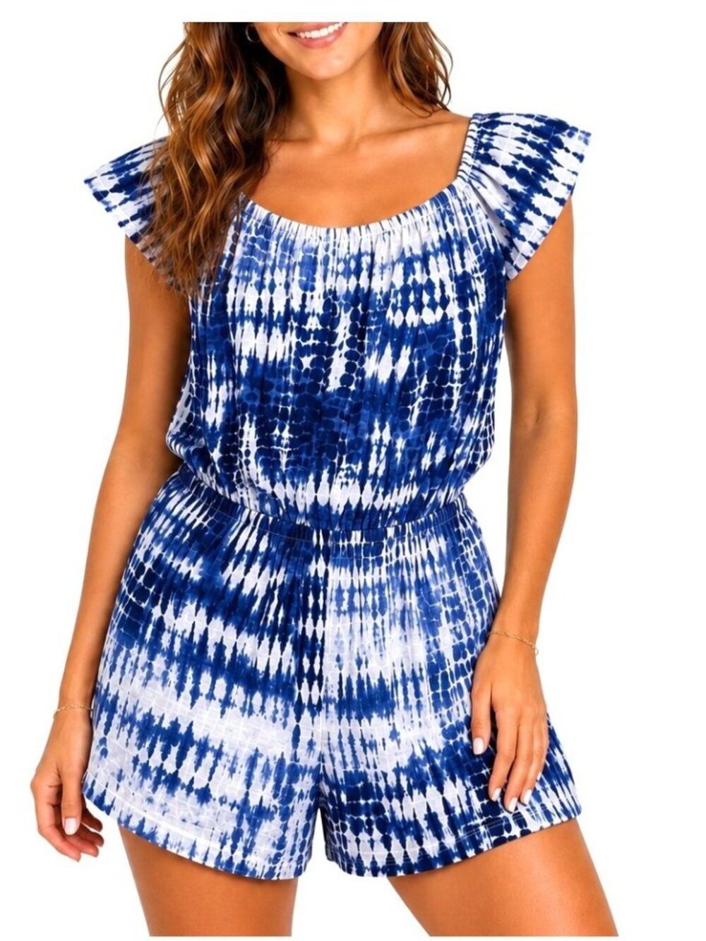Hawaiian Tropic Romper Womens Teens L Blue White Shibori Tie Dye Coastal Pool
